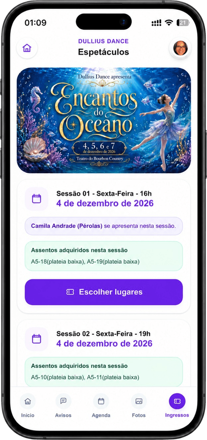 Tela do aplicativo mostrando as sessões do espetáculo e os assentos já adquiridos pela família